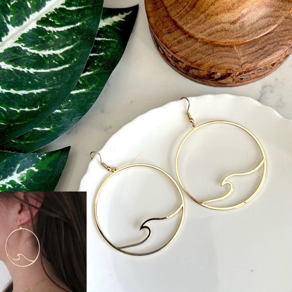 2/$30🌵 Ocean Wave Gold Hoop Earrings Beach Summer Water Jewelry Boho Gift NEW